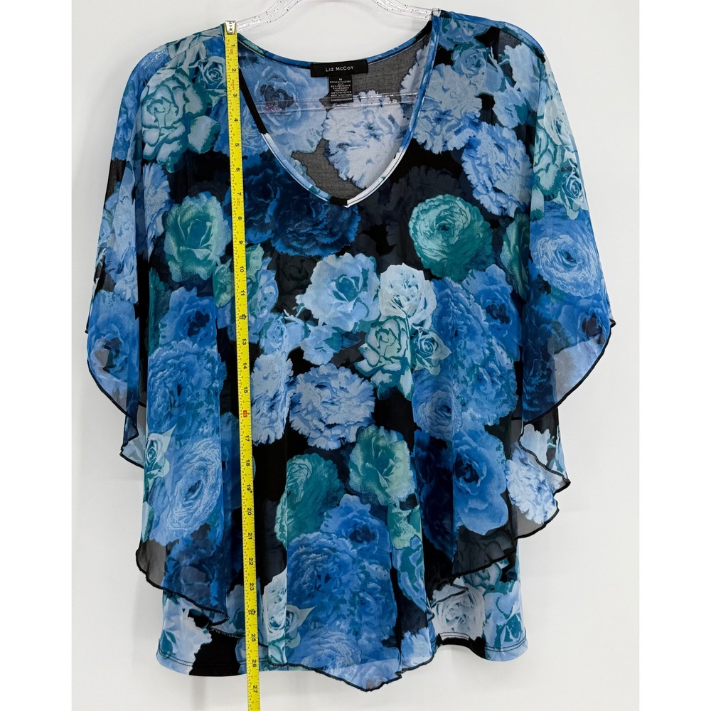 Liz McCoy Blue Floral Layered V-Neck Flutter Sleeve Blouse Top Sz M - Picture 2 of 8